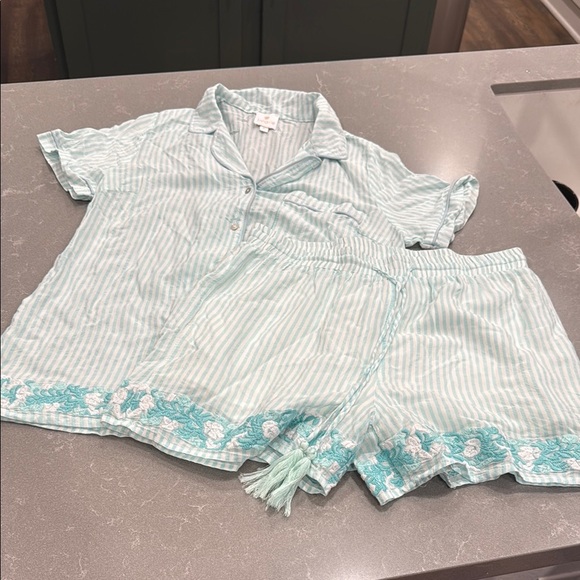 Striped Mint Pajama Set with Floral Embroidery by J Marie - Picture 1 of 7